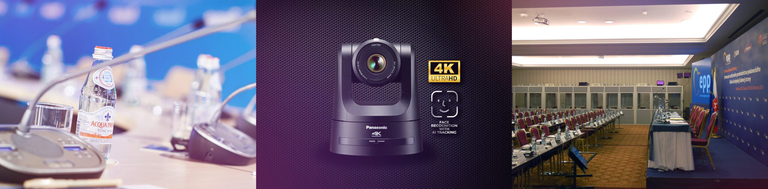Konferencia so 4K kamerou a mikrofónmi na stole.